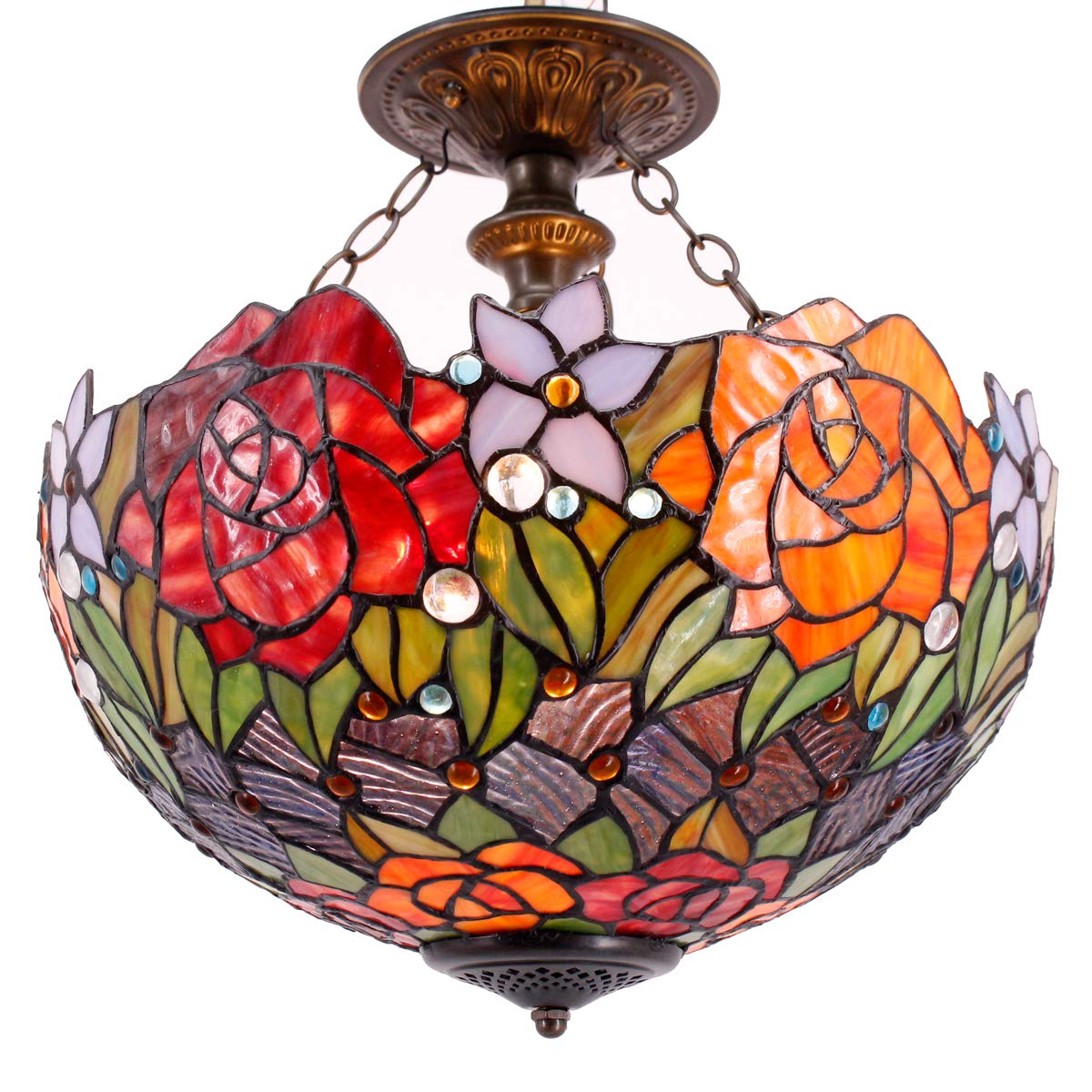 Tiffany Stained Glass Ceiling Light - Red Yellow Rose Semi Flush Mount