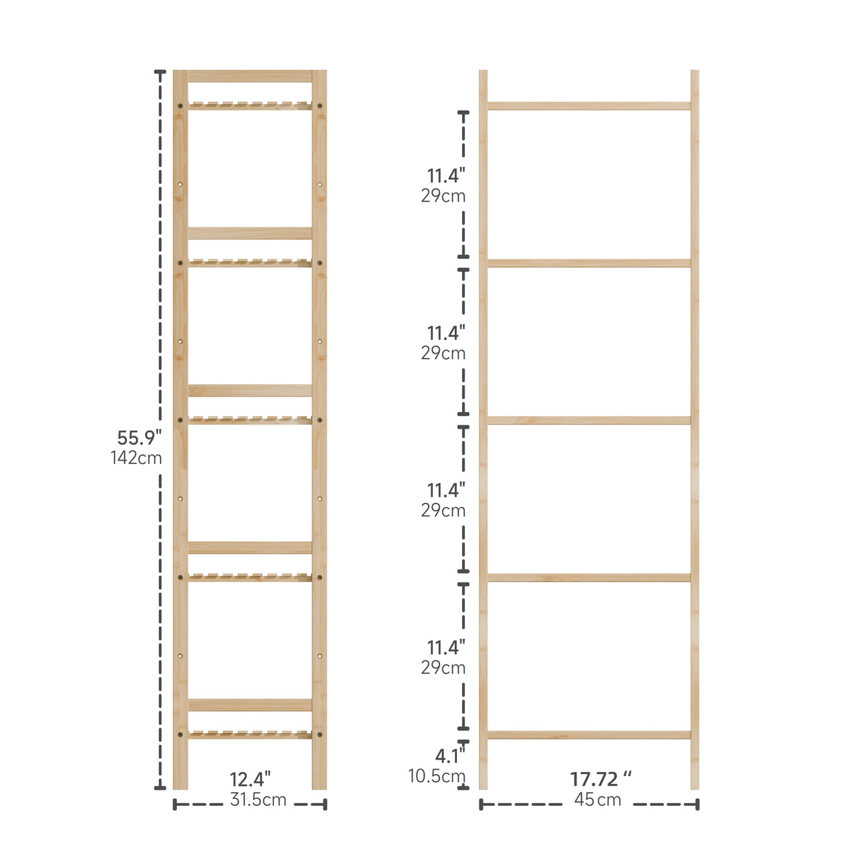 Narrow Bookshelf, 5 Tier Bathroom Shelf Bamboo, Floor Standing Display Storage Organizer for Small Space, Adjustable Shelves, Natural Wood Bookcase