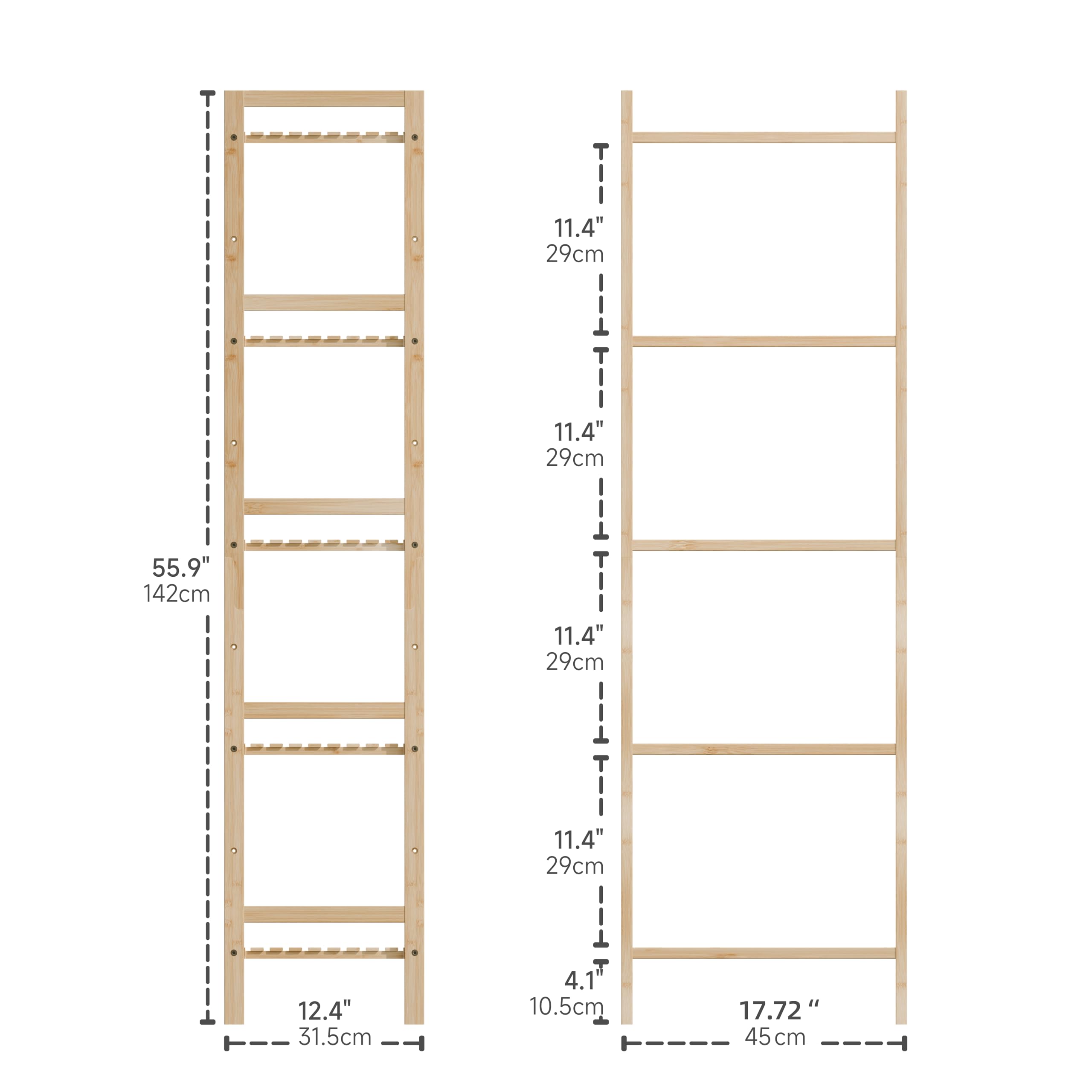 Narrow Bookshelf, 5 Tier Bathroom Shelf Bamboo, Floor Standing Display Storage Organizer for Small Space, Adjustable Shelves, Natural Wood Bookcase