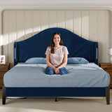 Full Bed Frame with LED Lights - Velvet Blue Upholstered Platform Bed
