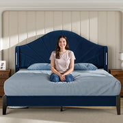 Full Bed Frame with LED Lights - Velvet Blue Upholstered Platform Bed
