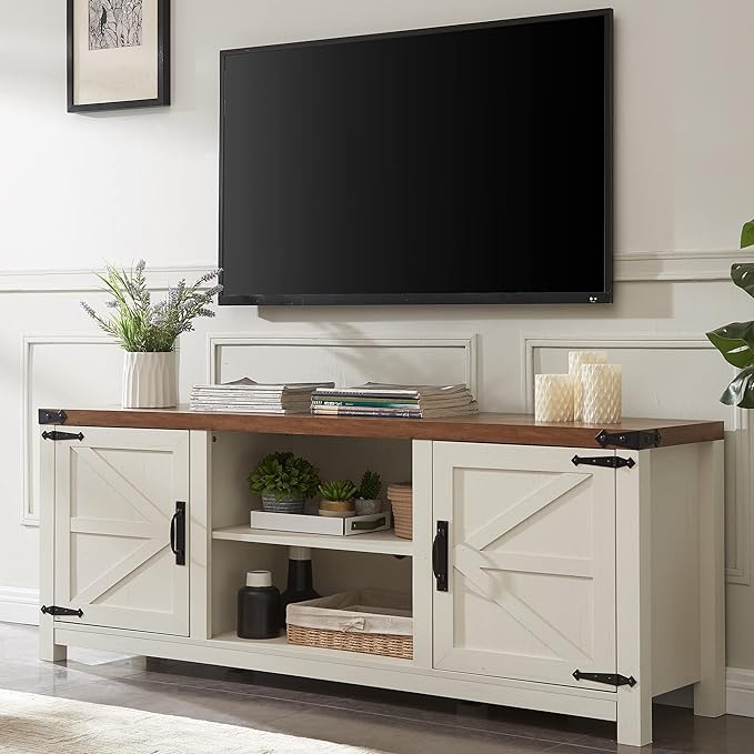 Farmhouse TV Stand for TVs Up to 75 inches, Wood Barn Door Media Television Console