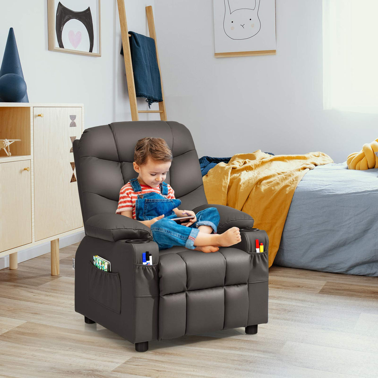 Kids Recliner Chair w/Cup Holder & Side Pockets, Children Recliner