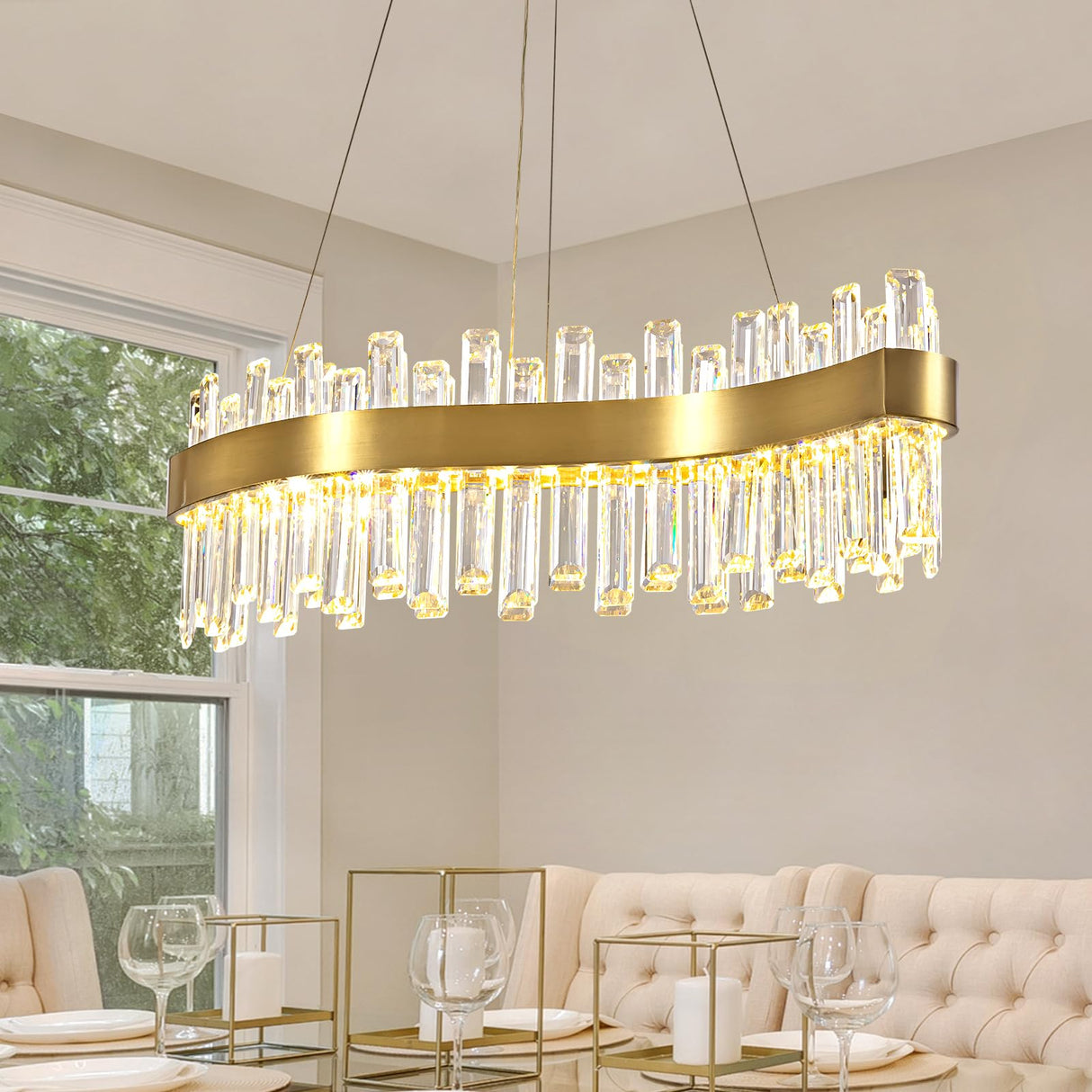 Modern LED Crystal Chandelier, Luxury Brass Gold 2-Tiers K9 Crystal Raindrop Chandelier