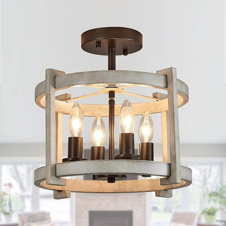 4-Light Semi Ceiling Light Flush Mount BK+GD Farmhouse Rustic Vintage