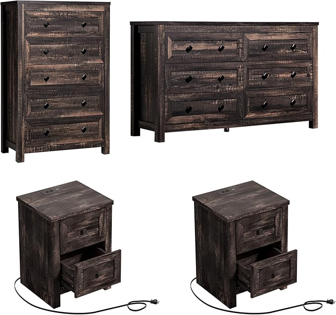 4 Pieces Farmhouse Bedroom Set, 1 X Wood Rustic 6 Drawer Storage Dresser, 1 X 5 Drawer Dresser, Nightstand Set of 2 with Charging Station, Farmhouse Bedroom Furniture Set, Rustic Brown