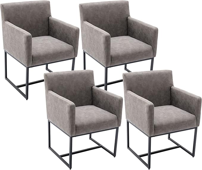 Linen Upholstered Dining Chairs with Arms Set of 2, Mid Century Modern Padded Kitchen Chairs