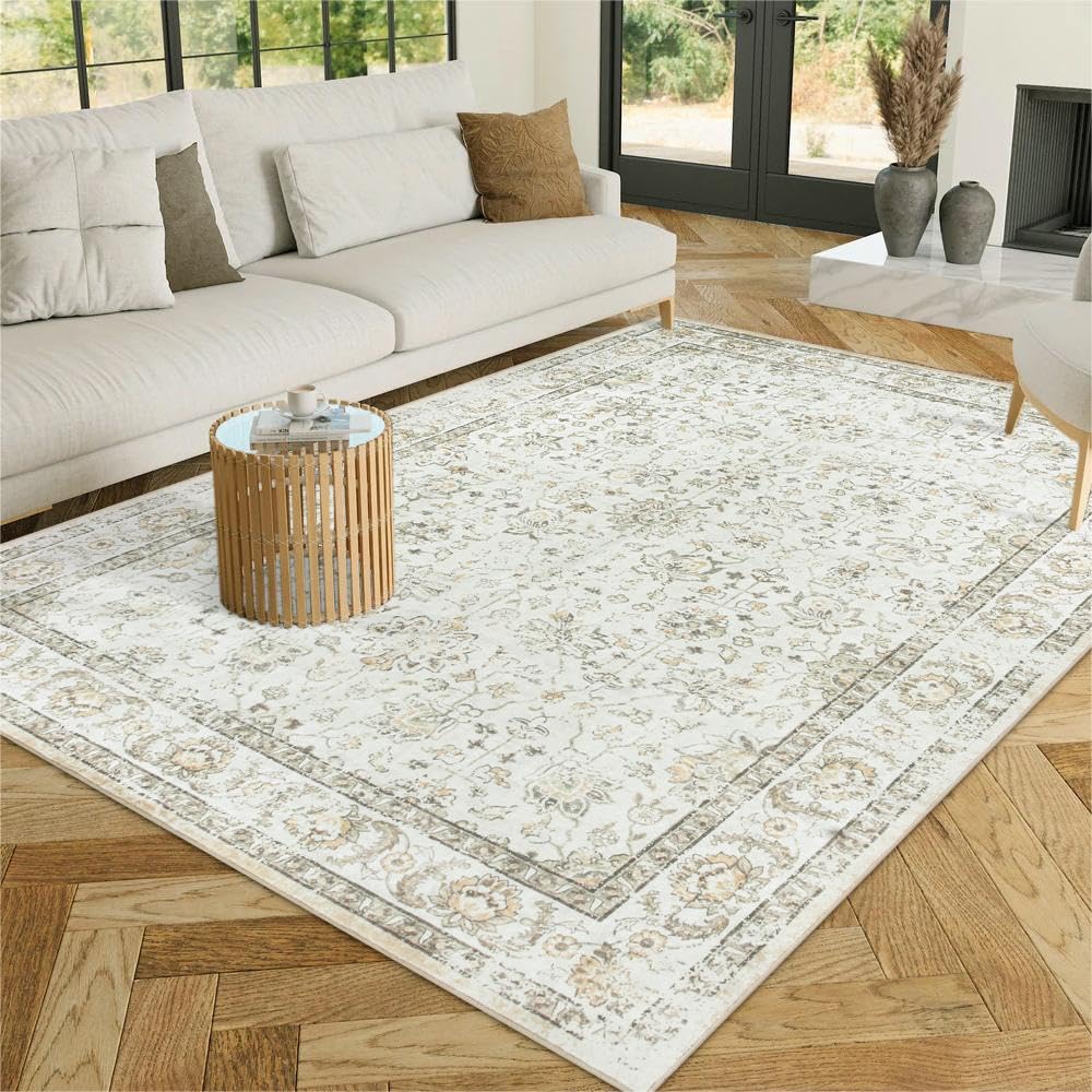 Beige Area Rug for Living Room, Soft Washable Rugs 5x7 Non-Shedding Neutral Rug,