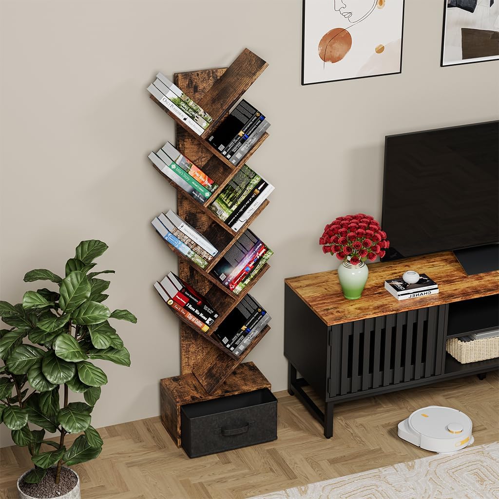 9 Tier Tree Bookshelf with Drawer, Retro Floor Standing Bookcase, Tall Narrow Bookshelves
