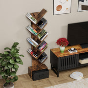 9 Tier Tree Bookshelf with Drawer, Retro Floor Standing Bookcase, Tall Narrow Bookshelves