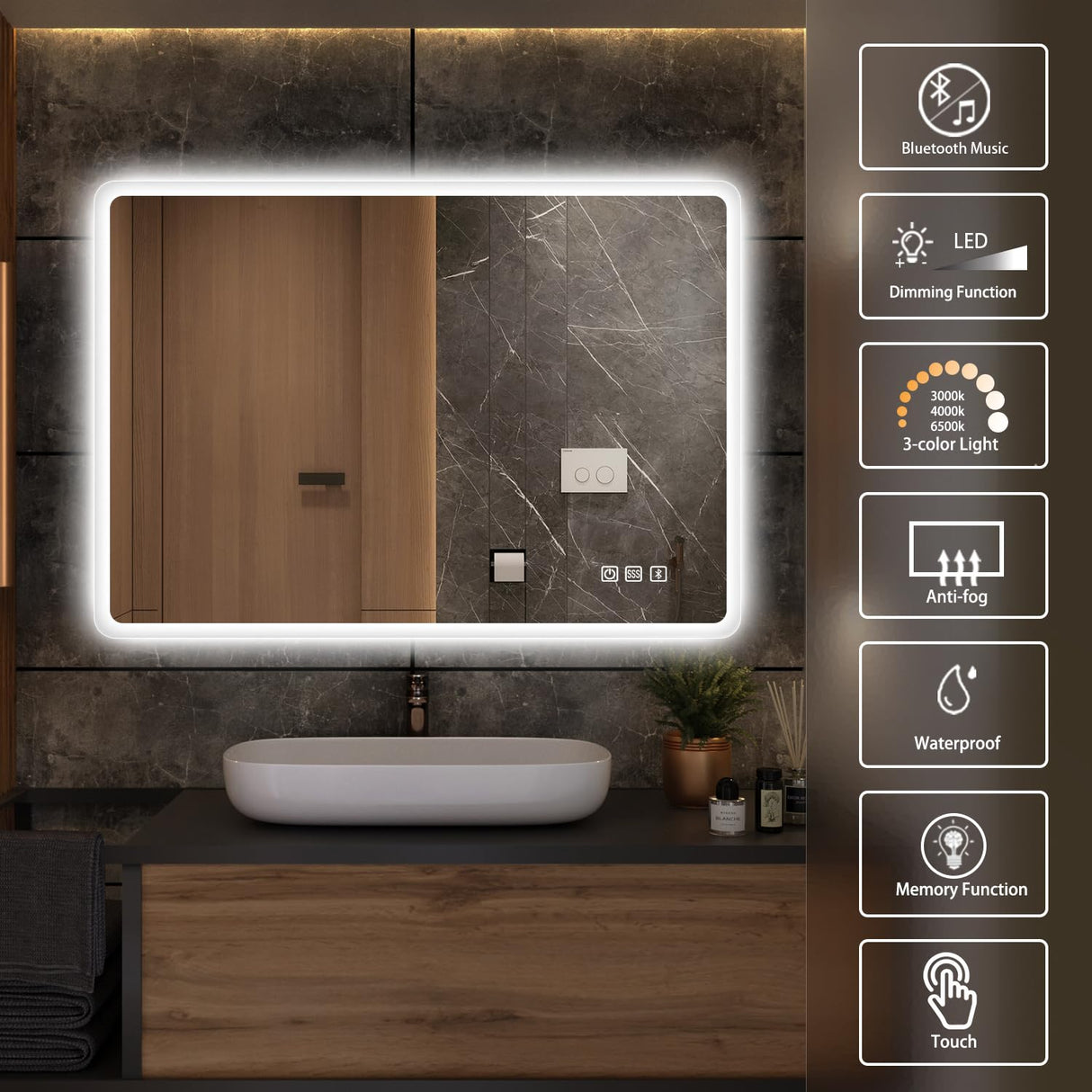 36x28 LED Bathroom Mirror with Bluetooth Speaker & Anti-Fog