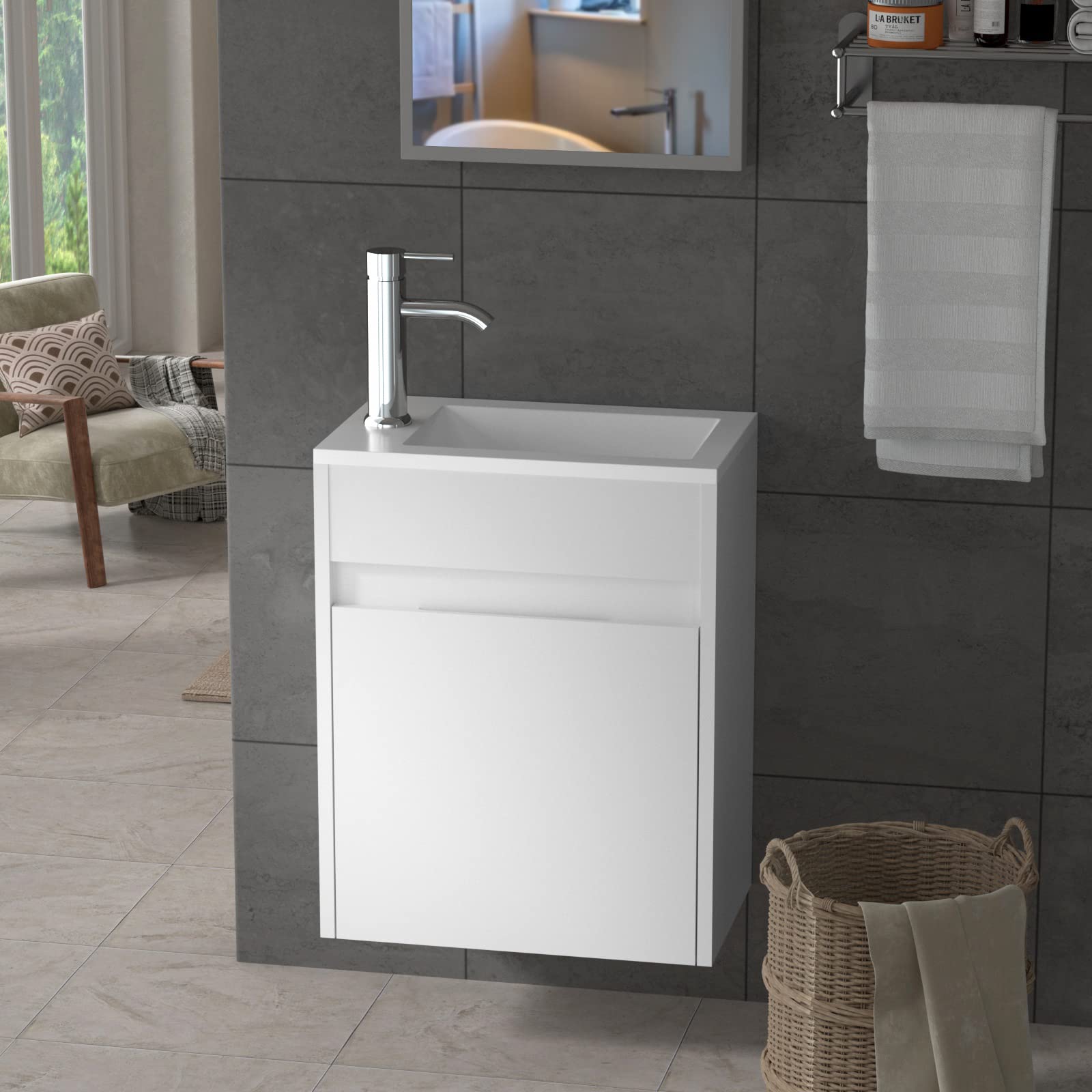 16" Small Bathroom Vanity Wall Mounted,White Small Bathroom Vanity with Ceramic Sink