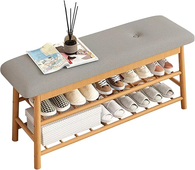 3-Tier Wood Entryway Shoe Rack Bench with Storage and Padded Seat, Shoe Storage