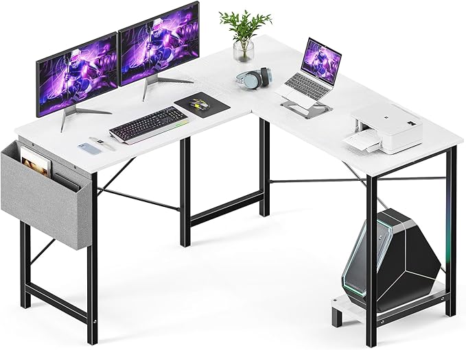 L Shaped Computer Desk - Gaming Table Corner Desk 50 Inch PC Writing Black Desk Study Desks with Wooden Desktop CPU Stand Side Bag Reversible for Home Office Dorm Small Space