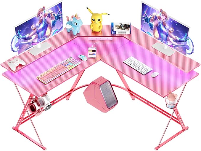 L Shaped Gaming Desk with LED Lights & Power Outlets, 50.4” Computer Desk
