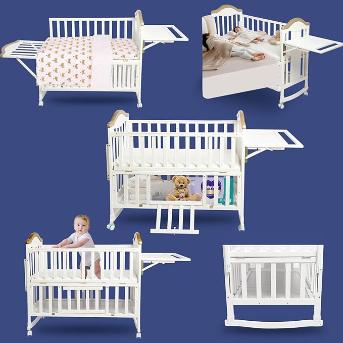 Baby Cribs 4-in-1 Convertible - Cunas para Bebes with Changing Shelf and Mattress Included,2024 Wood Baby Bassinets Bedside Crib Sleeper,Unpainted