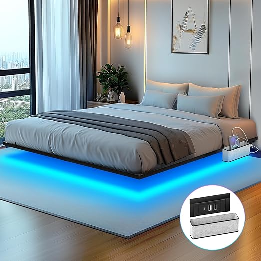 Queen Floating Bed Frame with LED Lights & Charging Station