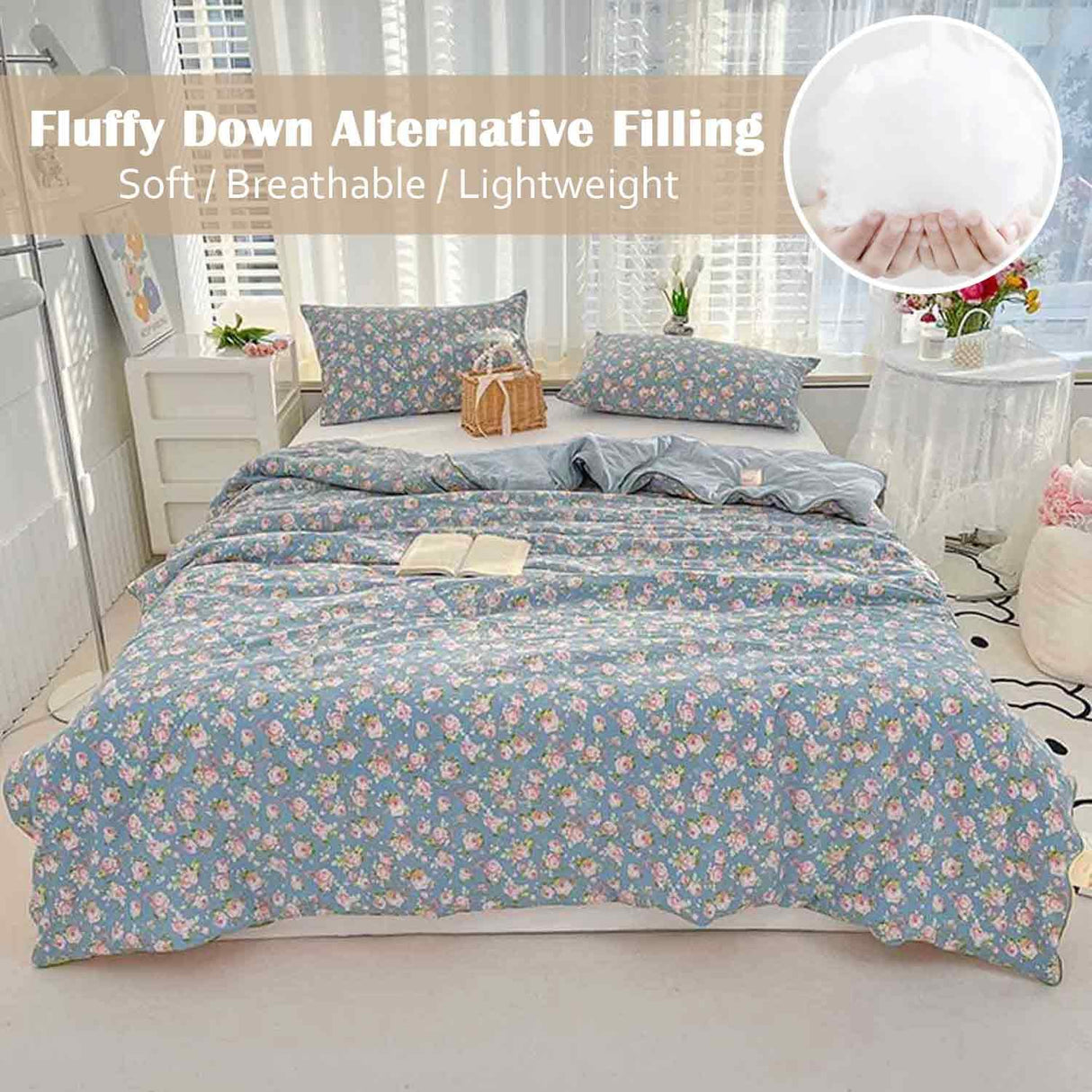 Blue Floral Queen Size Comforter Set, Pink Flower Green Leaf Print Pattern