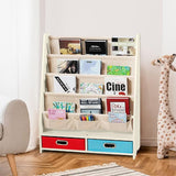 Kids Book Rack with 2 Storage Bins, Wooden Toddler Bookshelf with 4 Sling Shelves