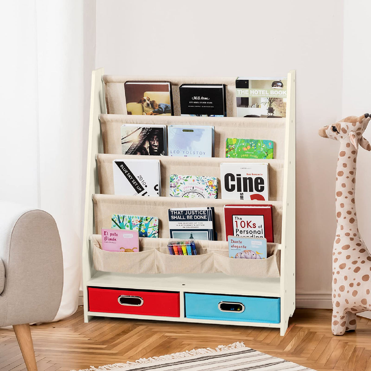 Kids Book Rack with 2 Storage Bins, Wooden Toddler Bookshelf with 4 Sling Shelves