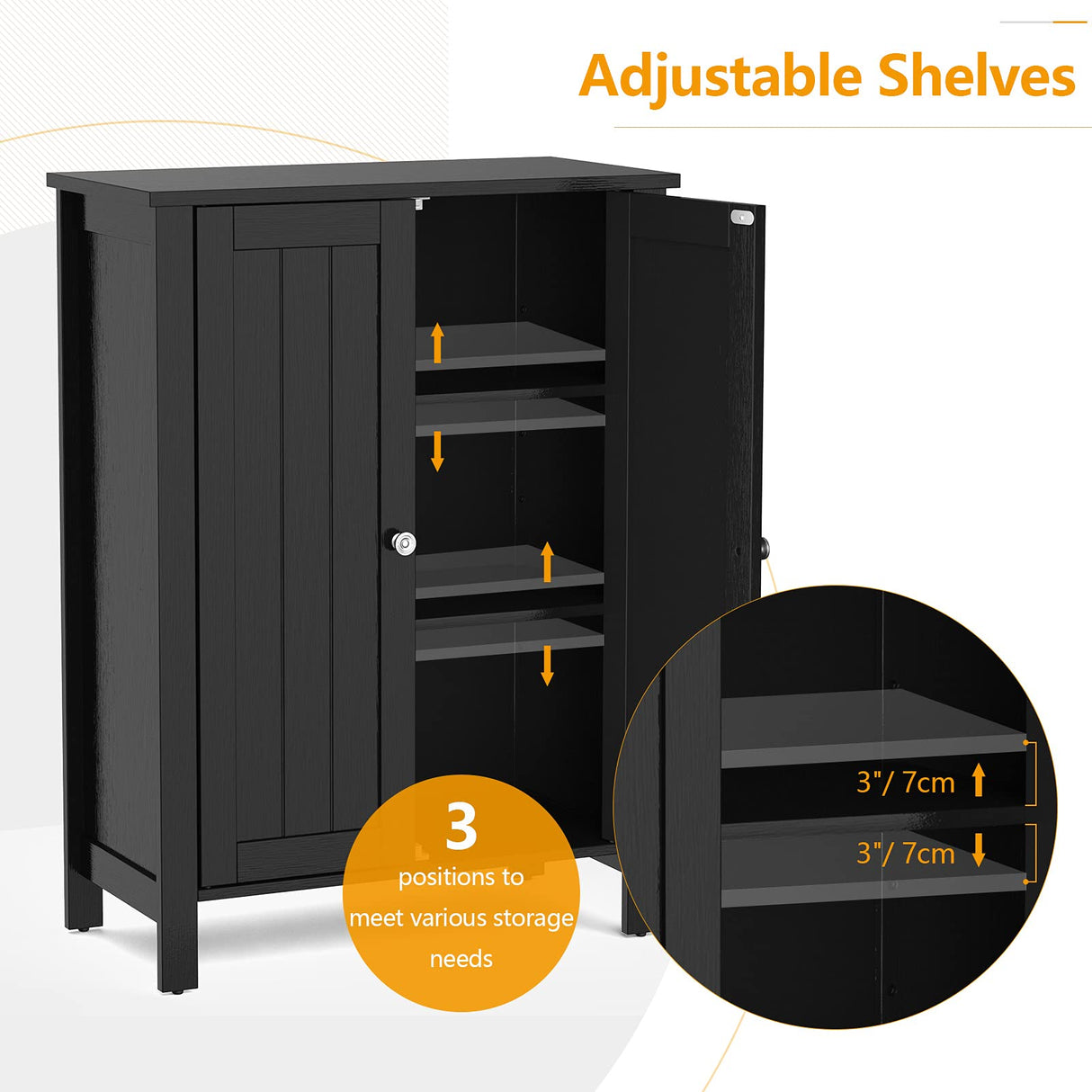 Bathroom Floor Cabinet, 3 Tier Storage Cabinet with Double Door & Adjustable Shelf,