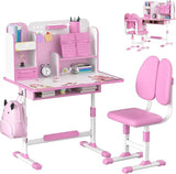 Desk Chair Set, Height Adjustable Children School Study Table Chair Set with Sitting Corrector, Ergonomic Desk Chair with Book Stand, Foot Pedal, Partition Design (Pink)