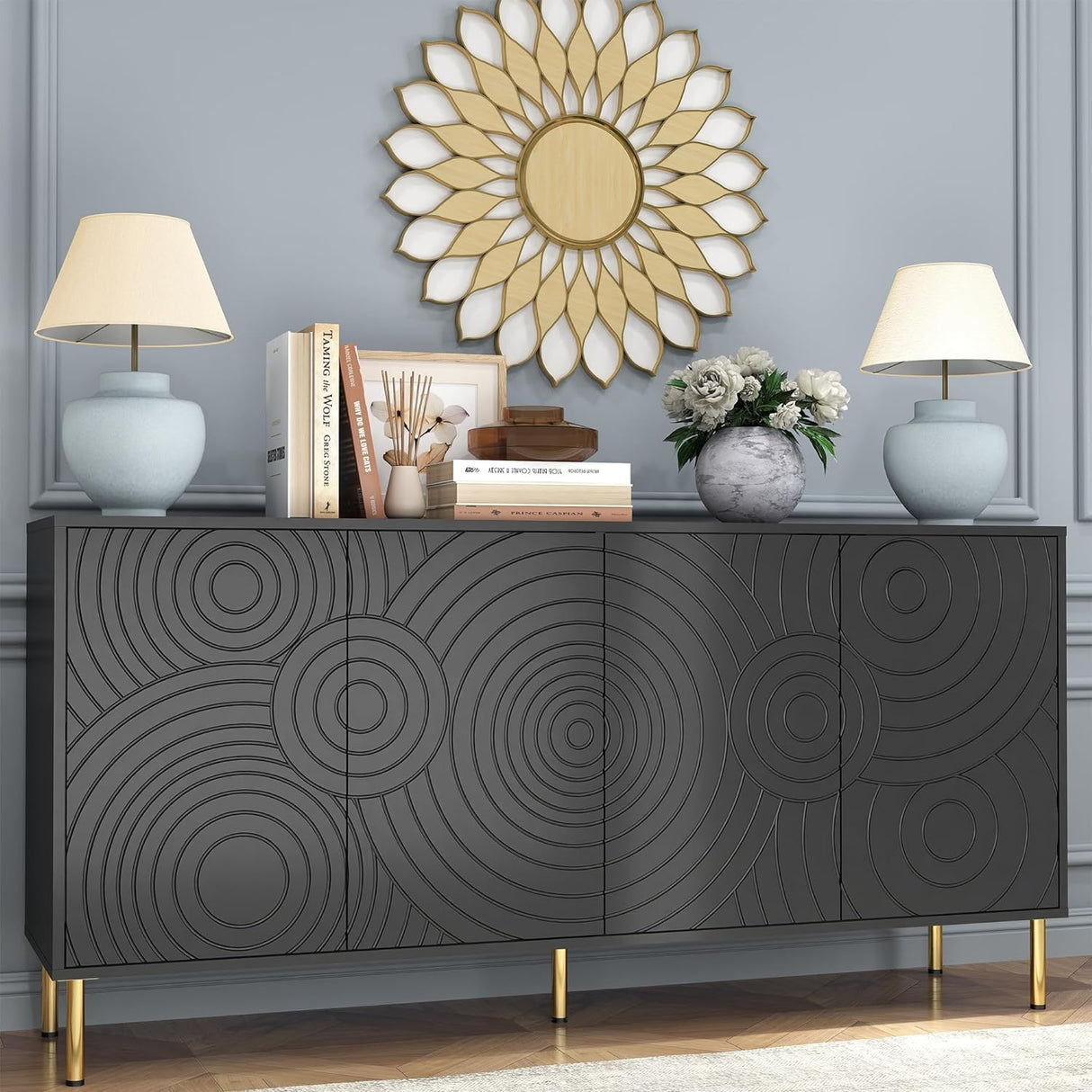 63'' Sideboard Buffet Cabinet, Black Storage Cabinet with 4 Doors, Modern Credenza