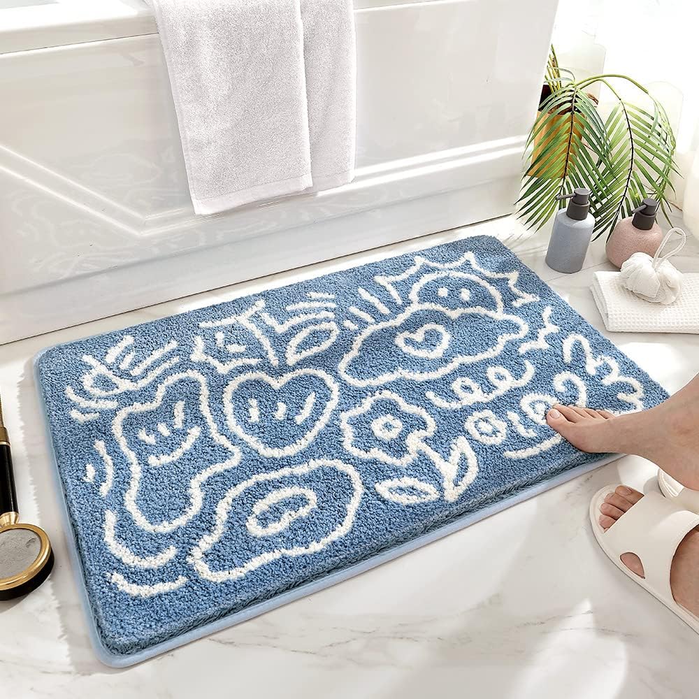 Soft Bathroom Rugs, Washable Bath Rugs Non Slip Bath Mats for Shower Shaggy Microfiber Floor Mat Super Absorbent Carpet Striped Pattern Bath Runner Rug, 15.7 x 23.6 Inches, Blue