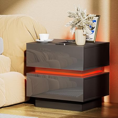 LED Night Stand with Charging Station,Modern Nightstand Set with 2 Drawers