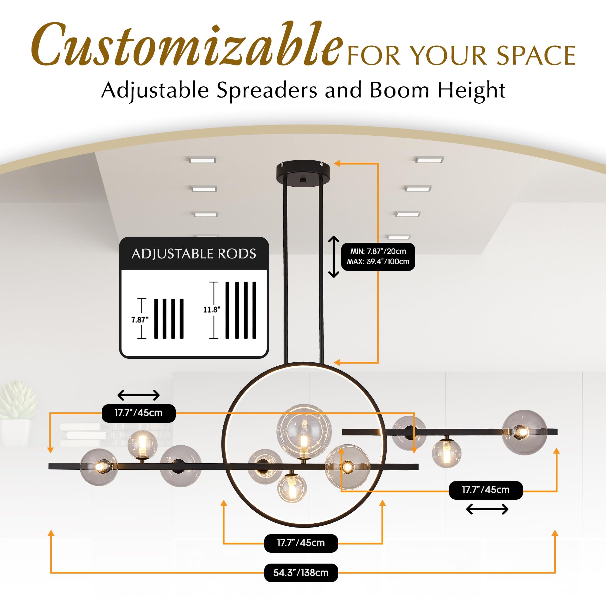 54" Kitchen Island Lighting,10-Light Chandelier with Glass Globe Shade,Black LED Dining