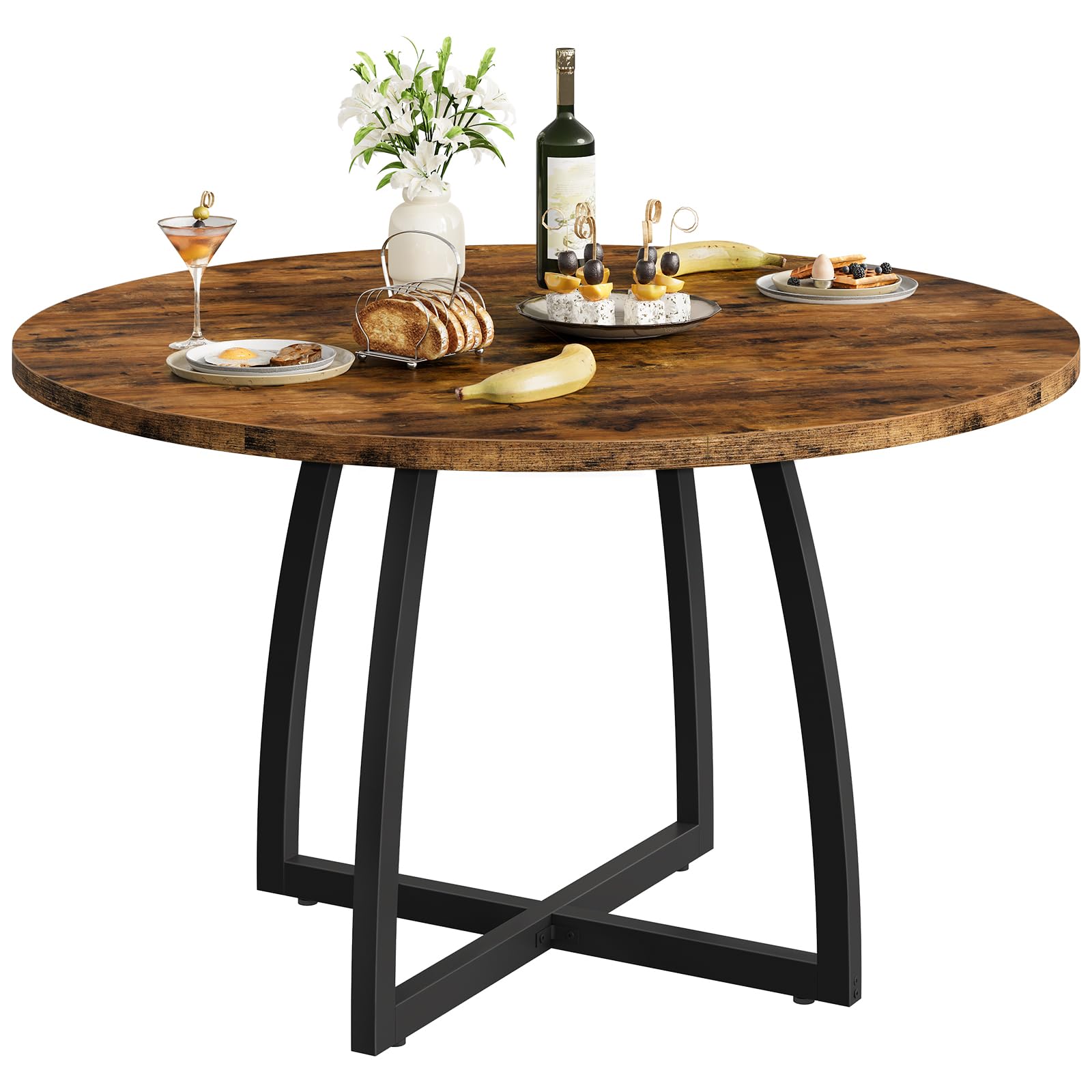 47.2 Inch Round Dining Table for 4-6 - Farmhouse Style with Curved Legs