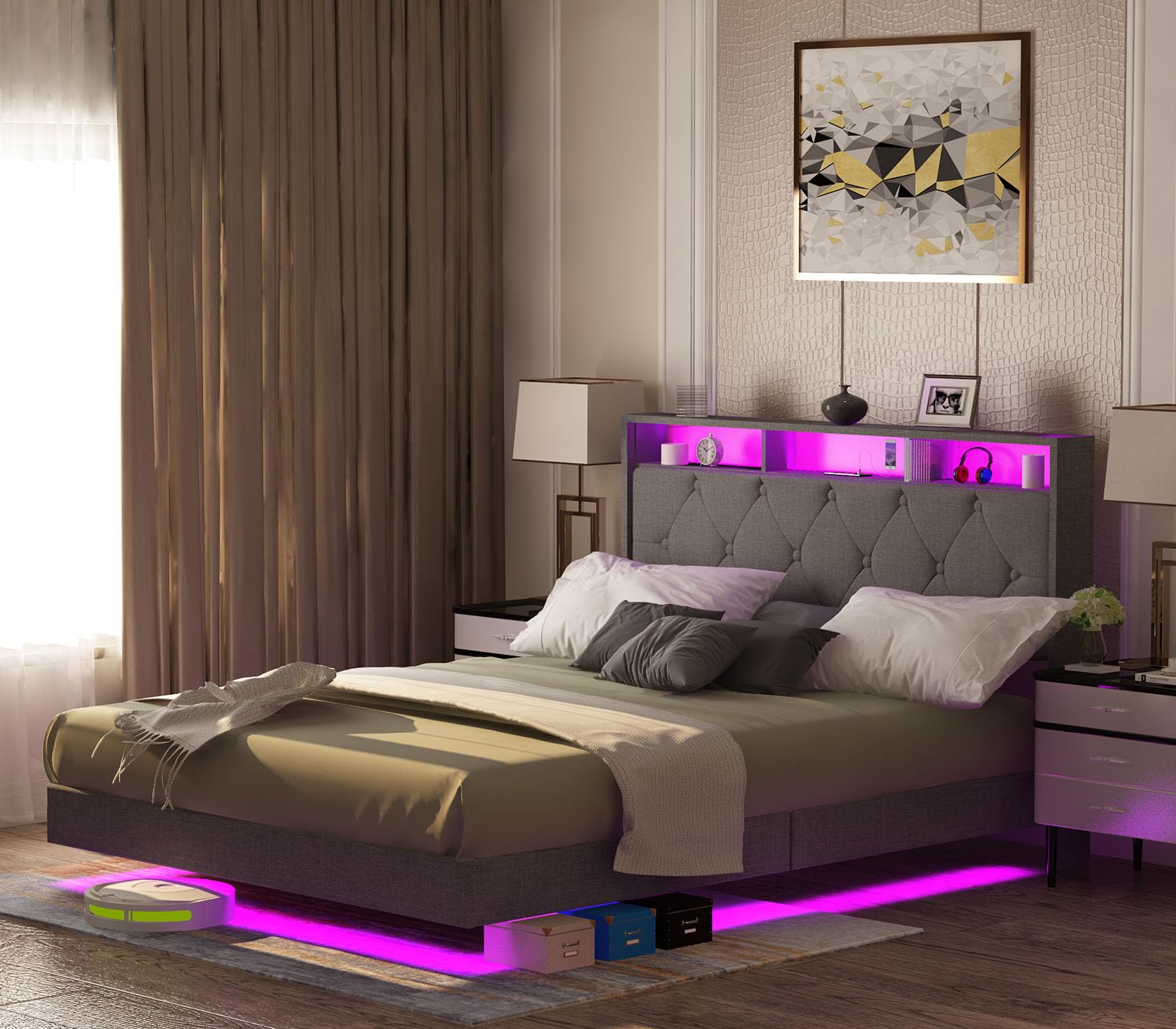 King Floating Bed Frame with LED Lights & USB Charging
