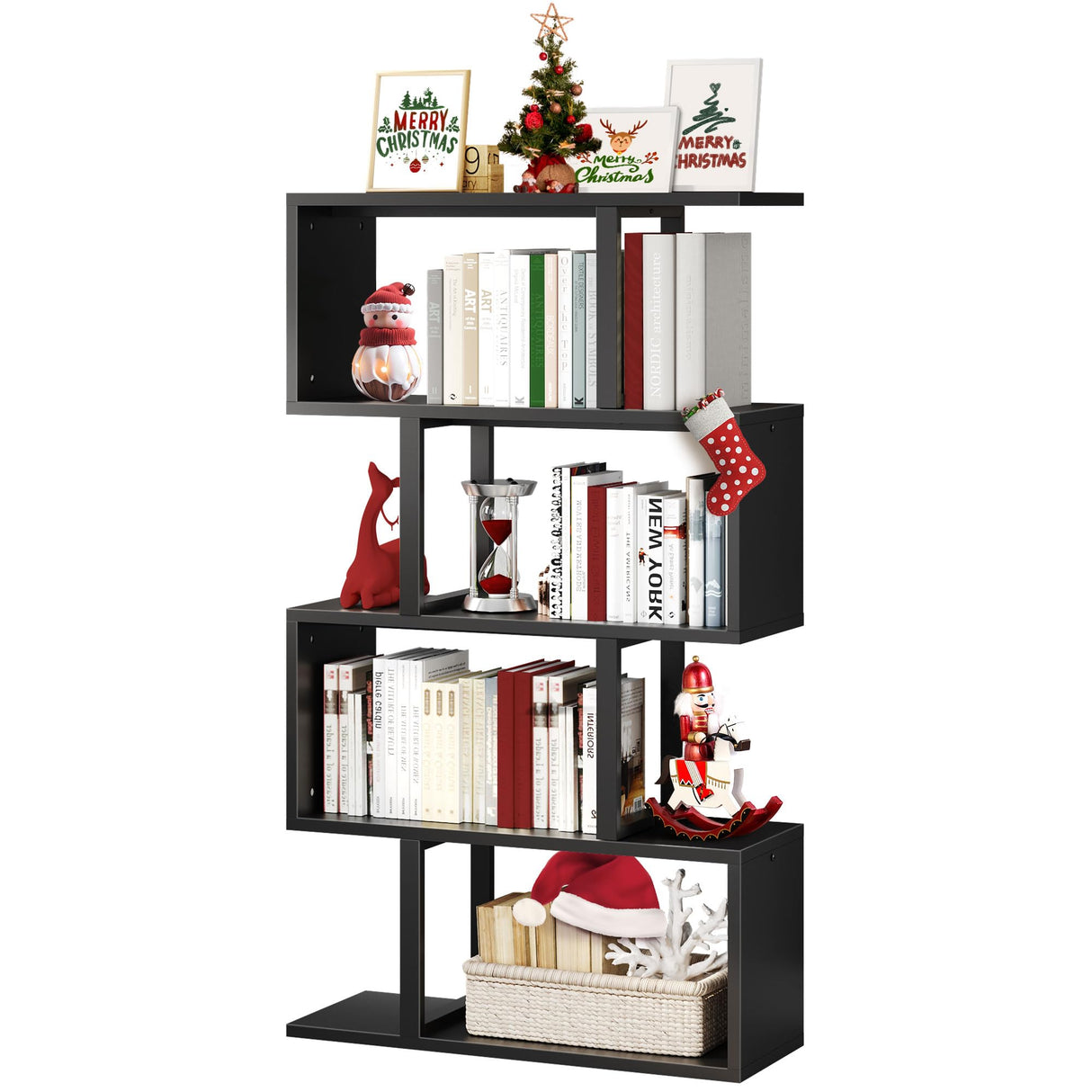 5 Tiers Bookshelf, Modern S-Shaped Z-Shelf Style Bookshelves, Multifunctional Geometric Bookcase Storage Display Shelf for Living Room Bedroom Home Office, Black