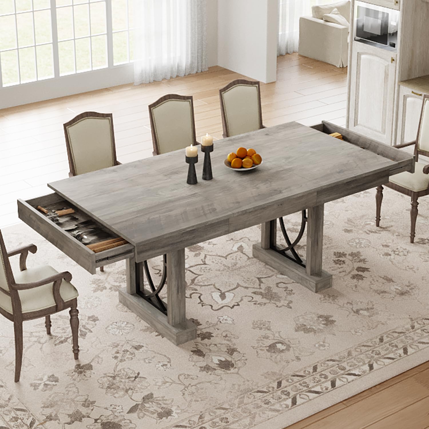 71-Inch Wooden Dining Table with Two Drawers for 6-8 People