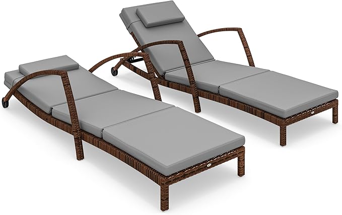 Wicker Chaise Lounge Chair Outdoor Set of 2, 5-Position Adjustable Reclining Pool Lounge Chairs