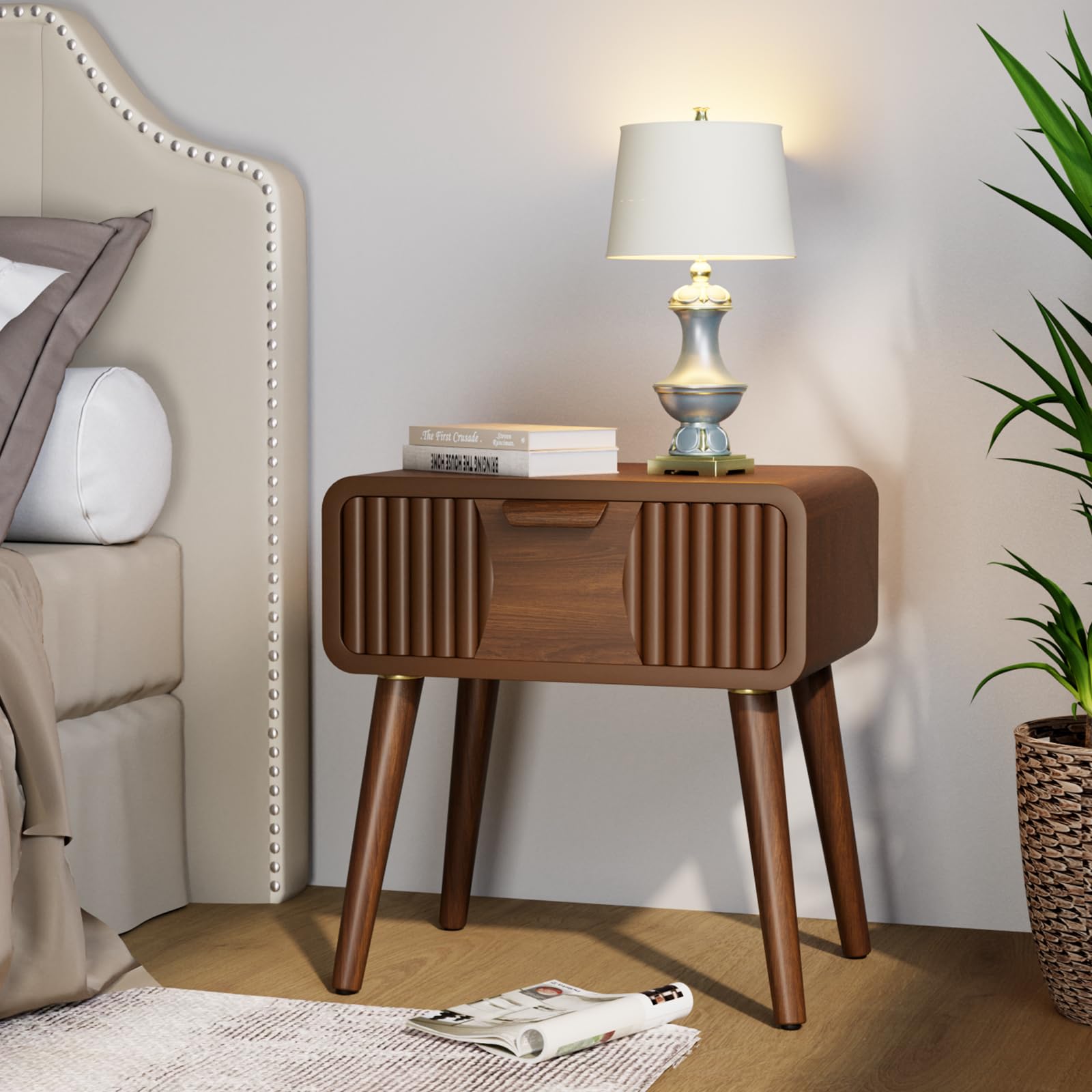 End Table w Pattern, Nightstand w Storage Drawer, Small Night Stand w Wood Grain Finish,