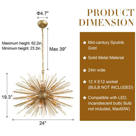 12-Light Gold Sputnik Chandelier 24in Mid-Century Sputnik Light Fixture