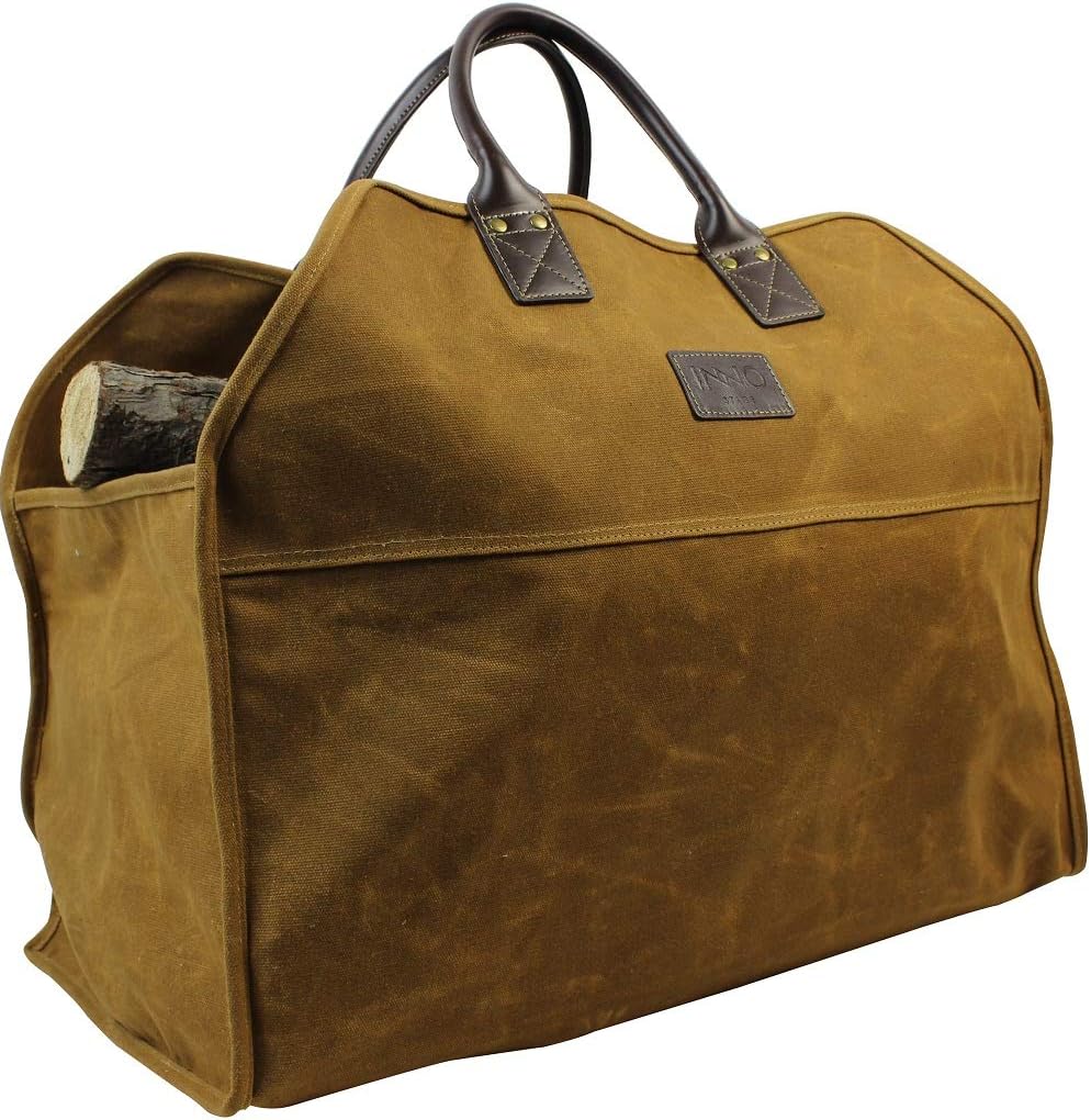 Heavy Duty Wax Canvas Log Carrier Tote,Large Fire Wood Bag,Durable Firewood Holder