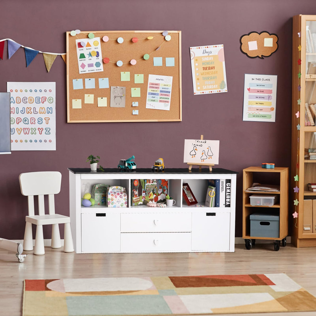GarveeHome Kids Toy Storage Organizer - Large Storage Cabinet, Spacious Blackboard Desktop, Sturdy and Safe, Movable Drawers, for Bedroom, Playroom, Nursery, Kindergarten, White