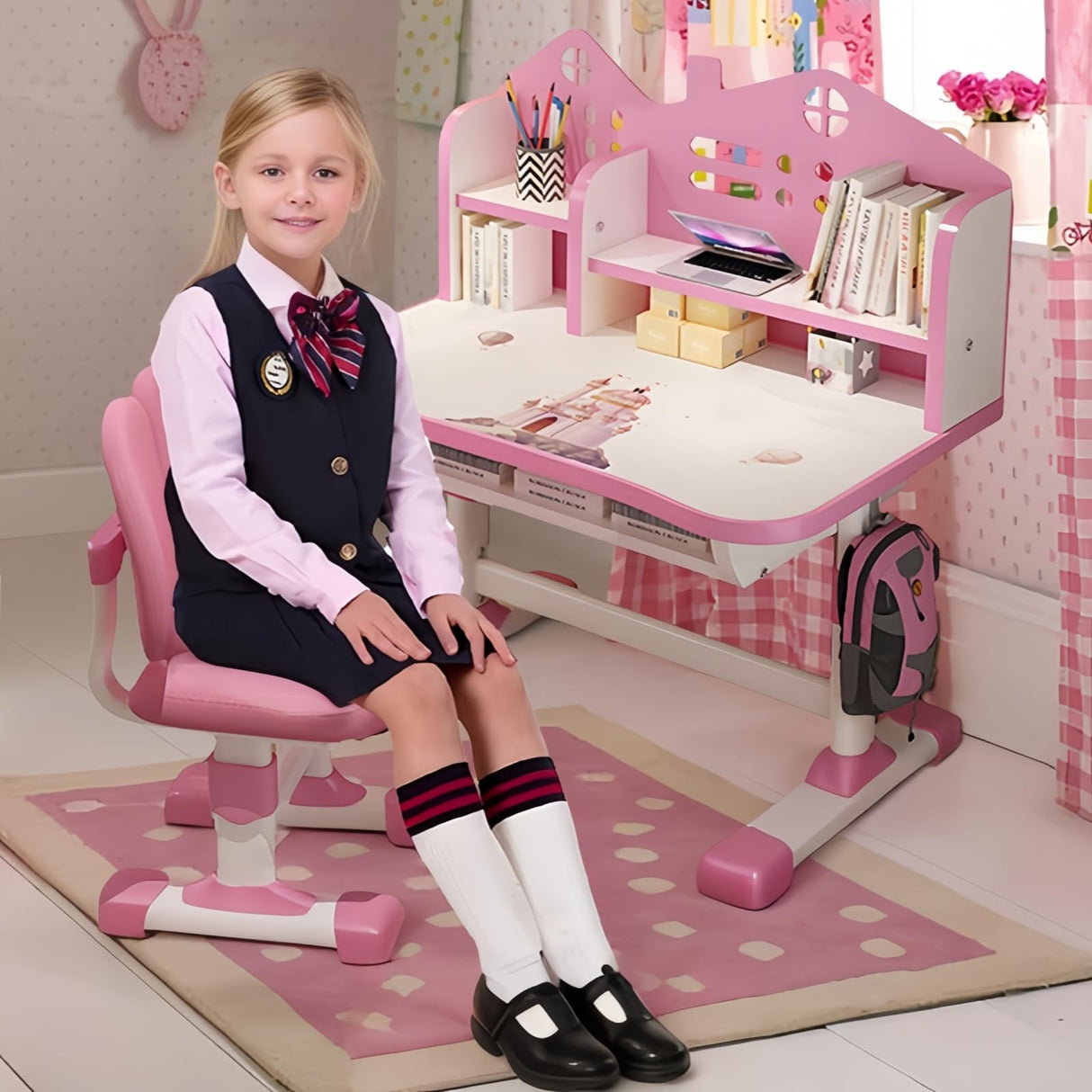 and Chair Set, Height Adjustable Study Table for Kids, Ergonomic Kids Study Table and Chair Set with Large Writing Board, Bookshelf, Drawer and Castle Pattern, for Girls (Pink