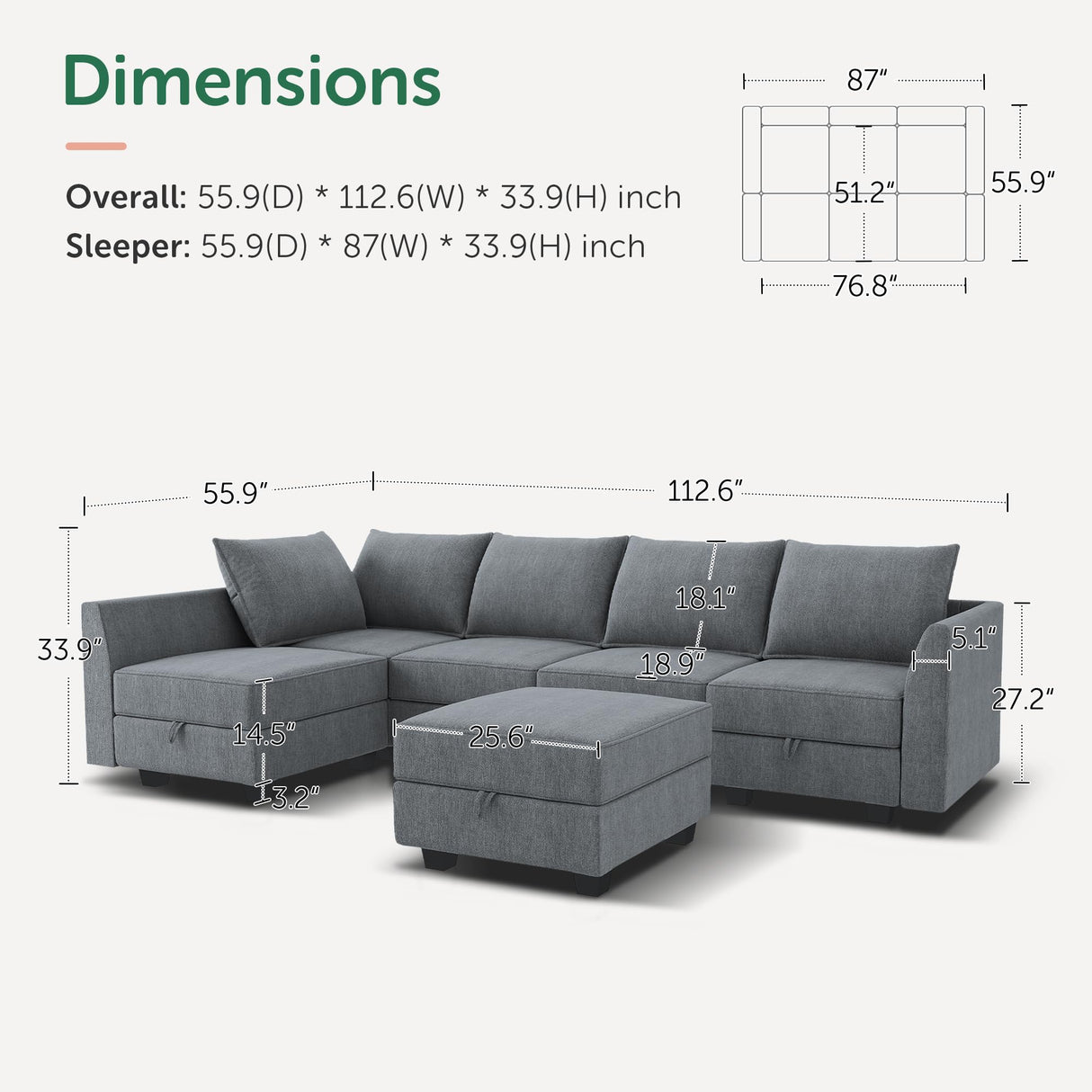 Modular Sectional Couch, Covertible L Shaped Couch with Storage Ottoman, 6 Seats