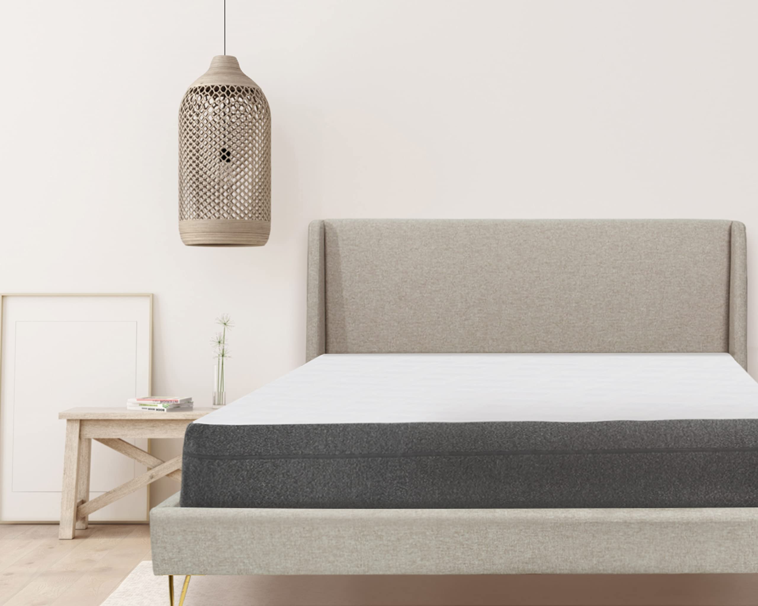 Upholstered Bed Frame with Unique Angled Brass Legs