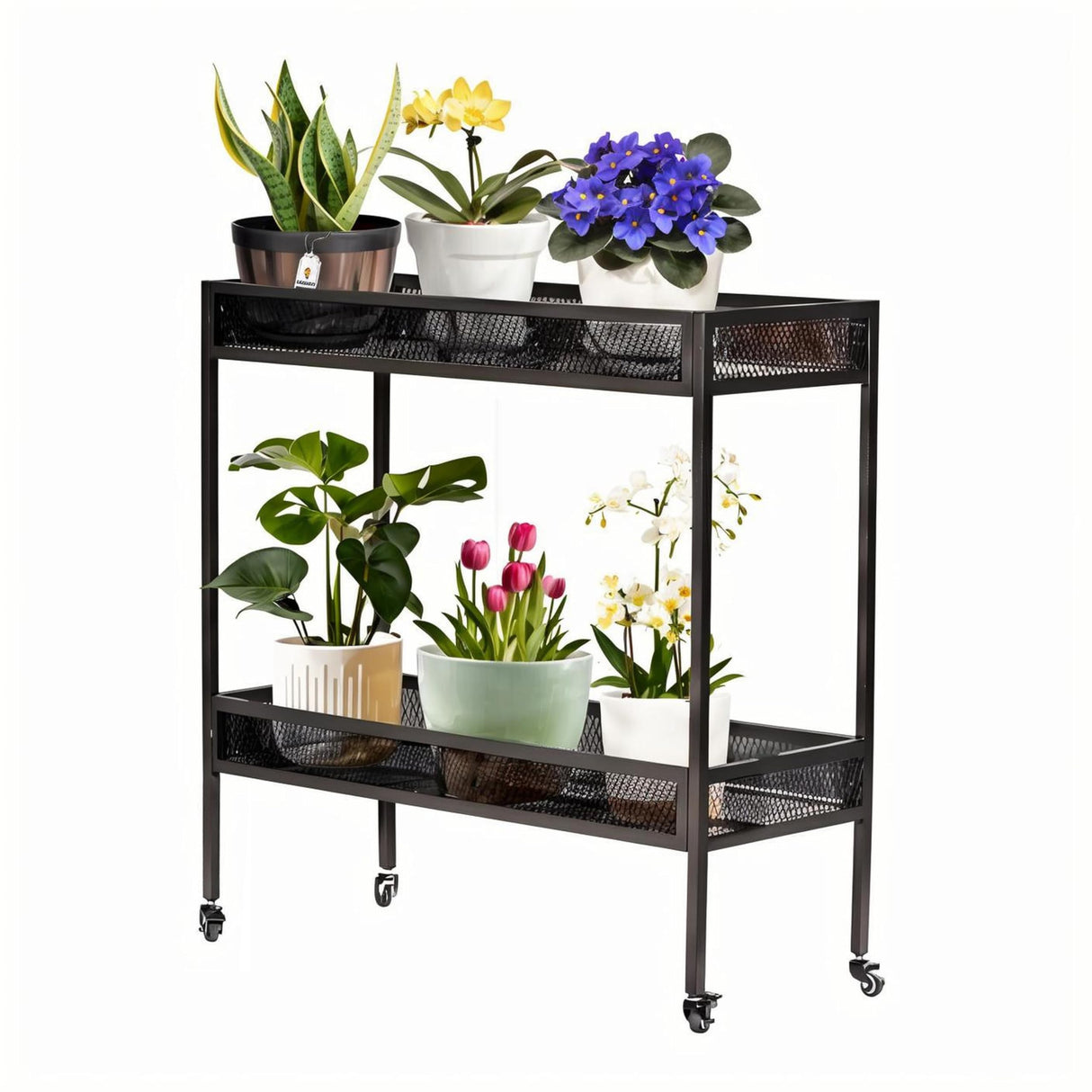 2-Tier Metal Plant Stand - Indoor/Outdoor Aluminum Shelf with Universal Wheel