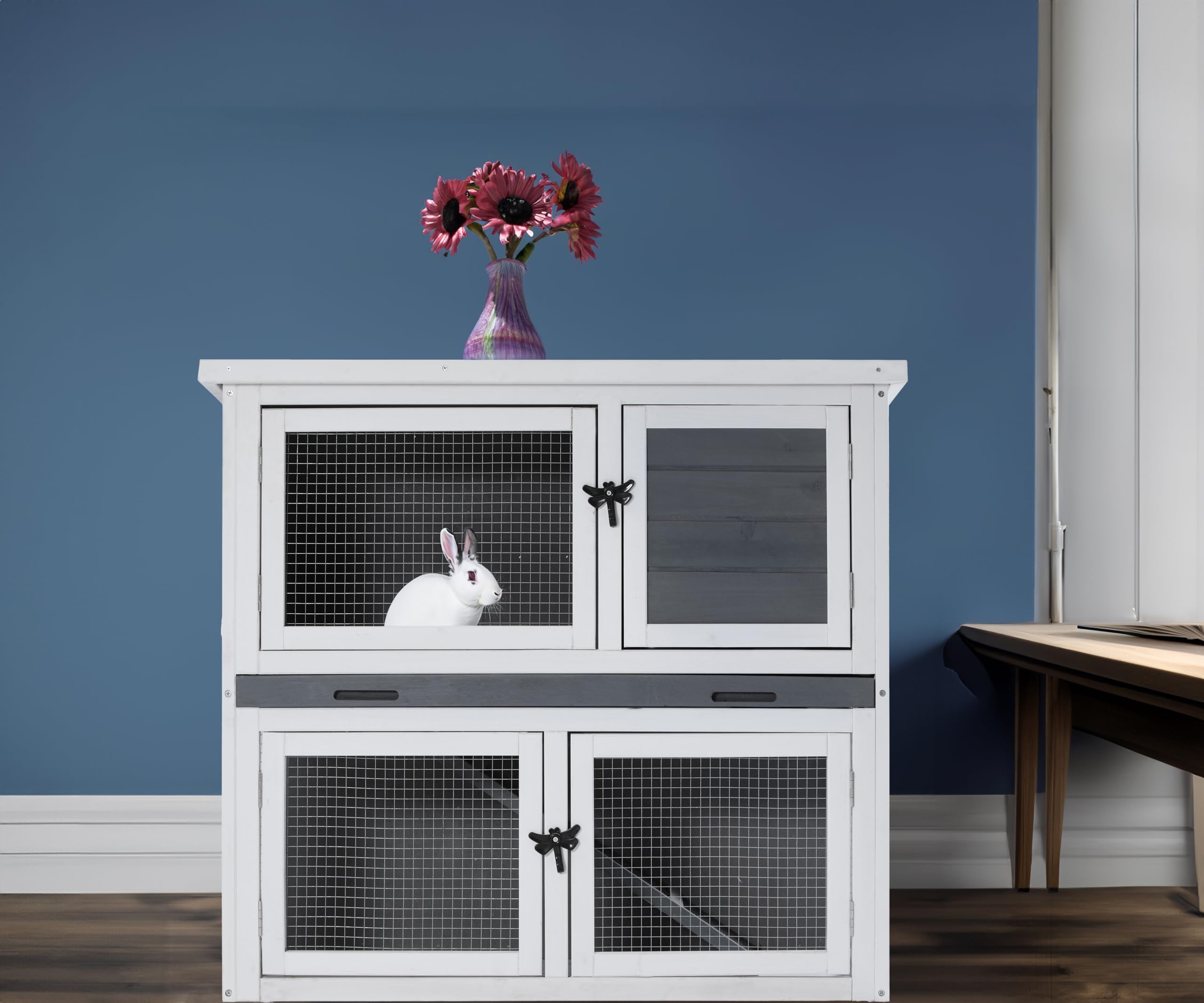 Double-Story Rabbit Hutch with One Layer Removable Tray, Indoor/Outdoor Pet House