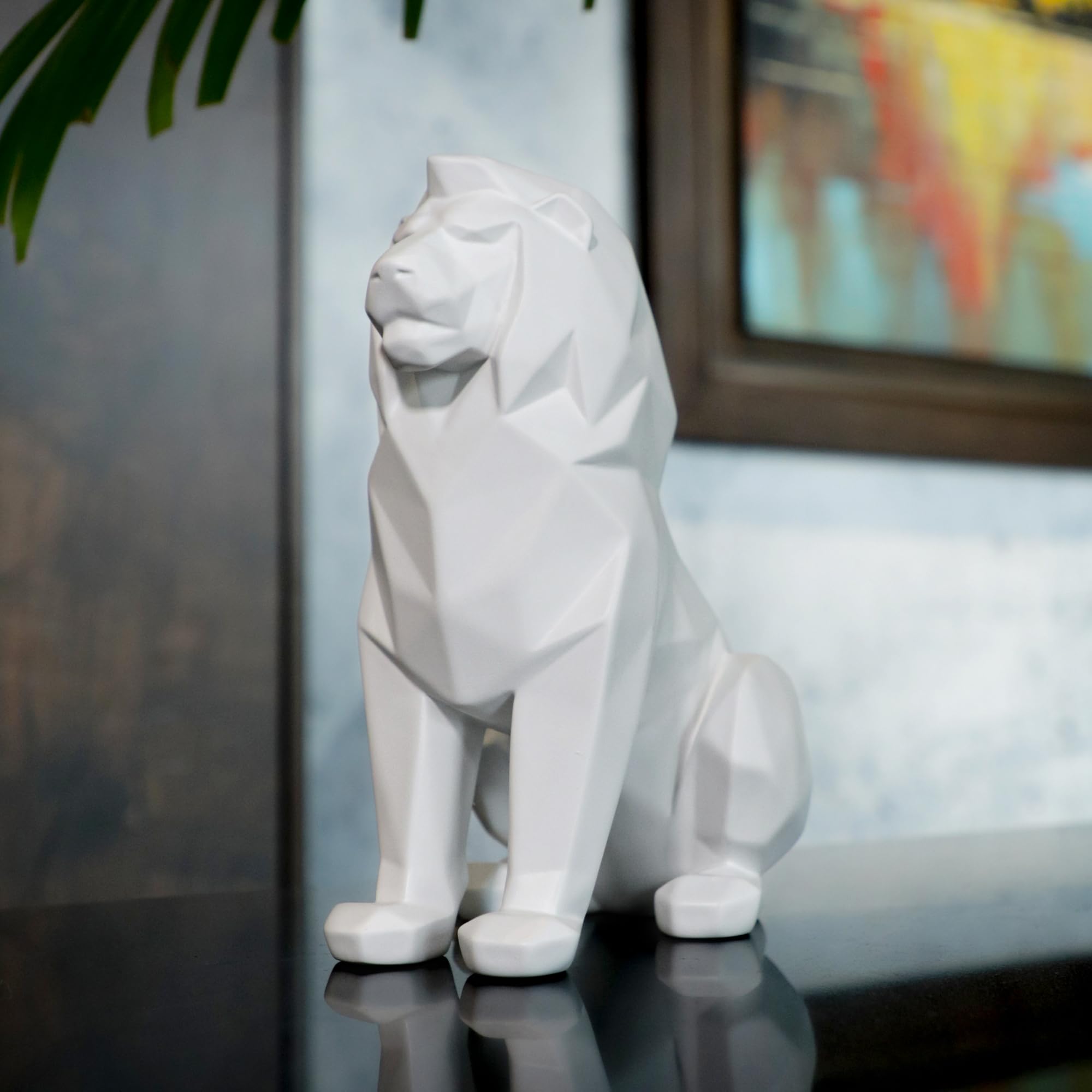 White Lion Sculpture - Abstract Geometric Animal Statue for Coffee Tables