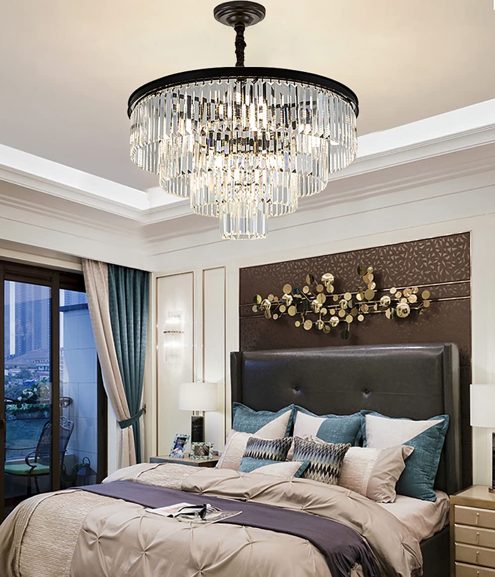 ELGOBST Black Modern Crystal Chandelier Lighting K9 Crystal Round Chandelier Hanging Ceiling Light Fixture 4-Tier Contemporary Crystal Pendant Light for Dining Room Living Room Bedroom 23.6inch