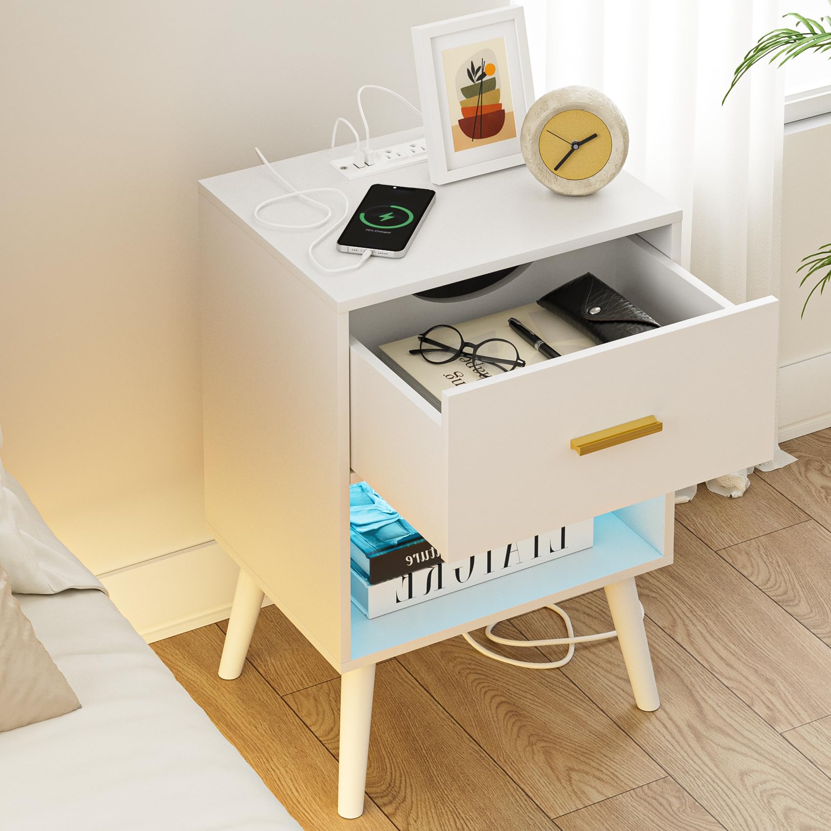Nightstand with Charging Station and LED Lights, Small Side Table, Bedside Table