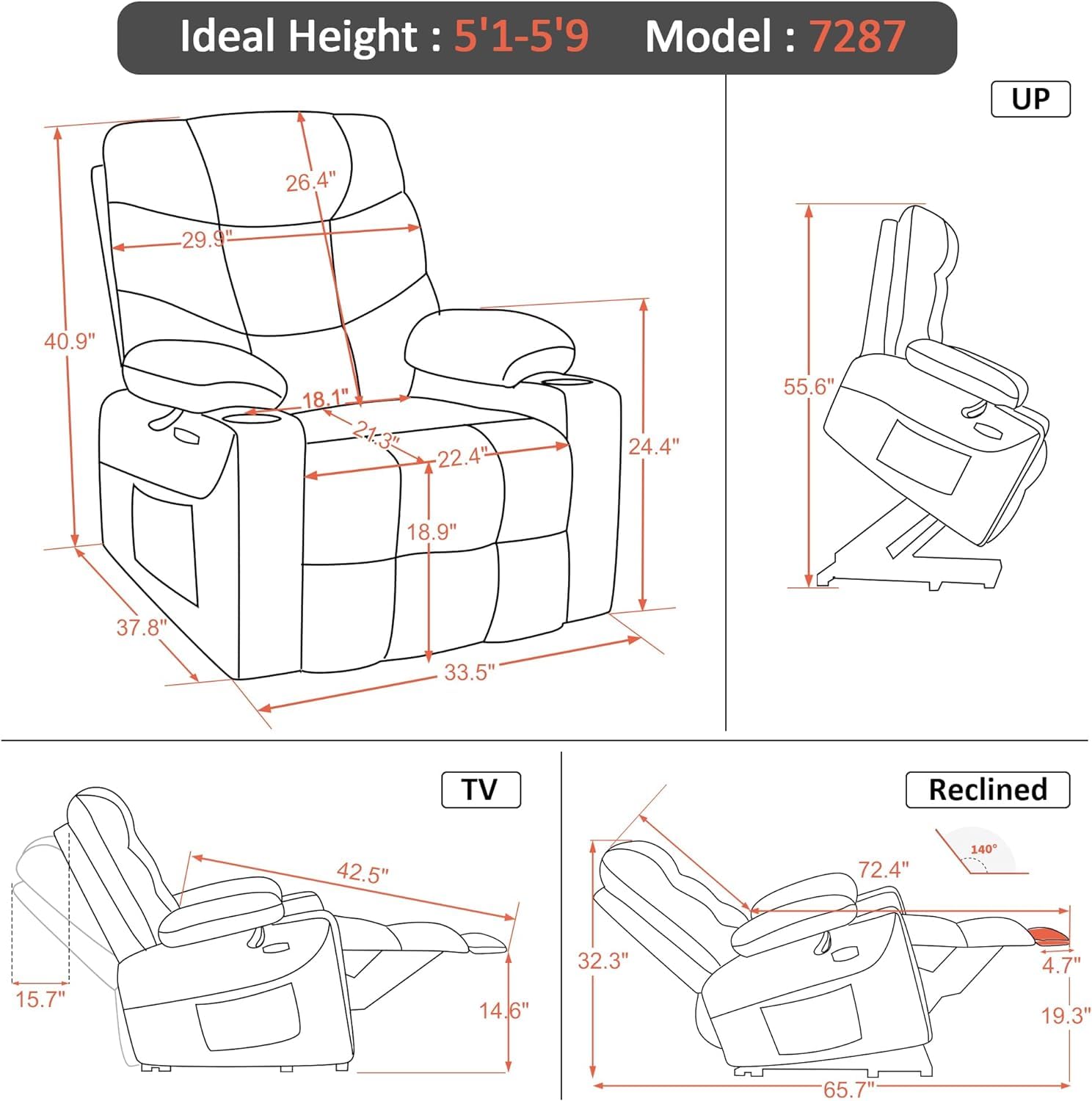 MCombo Power Lift Recliner Chair, 2 Cup Holders, USB Ports for Elderly People, Faux Leather 7287 (Dark Brown, Medium-Regular)