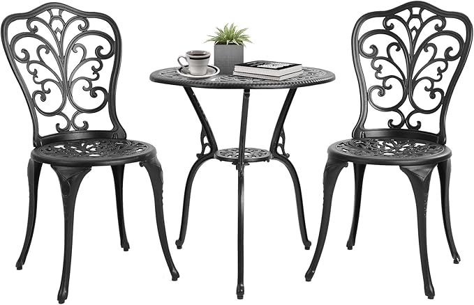 Bistro Table and Chairs Set of 2 Outdoor 3 Piece Patio Set, Rose Pattern Cast Aluminum