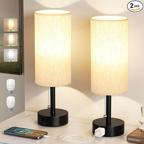 Bedside Table Lamps Set of 2 - 3 Color Temperatures Pull Chain Lamp with AC Outlet Charging Port, Two Round Night Stand Lamps for Bedroom Guest Room Office, Small Bed Side Light with E26 LED Bulbs